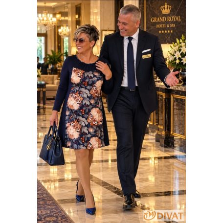 Fashion by NONO - Princess midi ruha - sötétkék egyedi mintás