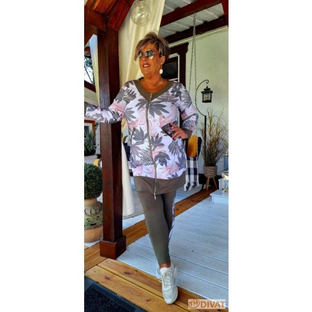 Fashion by NONO  -  Xéna khaki alapon levélmintás hosszított szabadidő szett