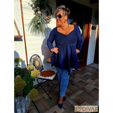 Fashion by NONO - Dália mellnél húzott extrán "A" vonalú királykék lurex tunika 