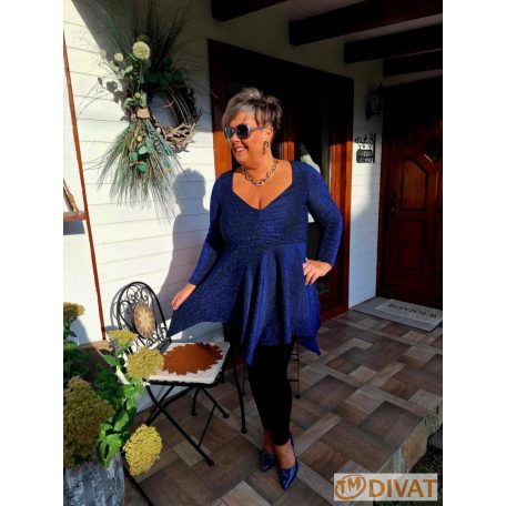 Fashion by NONO - Dália mellnél húzott extrán "A" vonalú királykék lurex tunika 