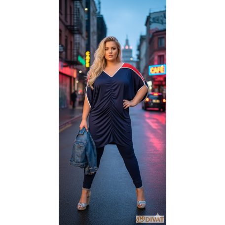 Fashion by NONO - Fanni sötétkék tunika-ruha piros tüllel megbolondítva