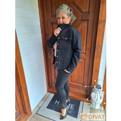 Kövekkel díszített gombos fazonú fekete farmerkabát