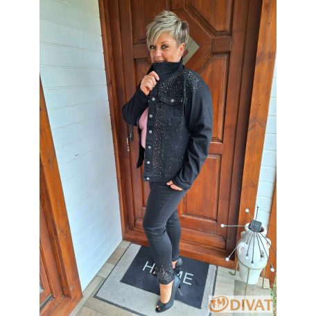 Kövekkel díszített gombos fazonú fekete farmerkabát