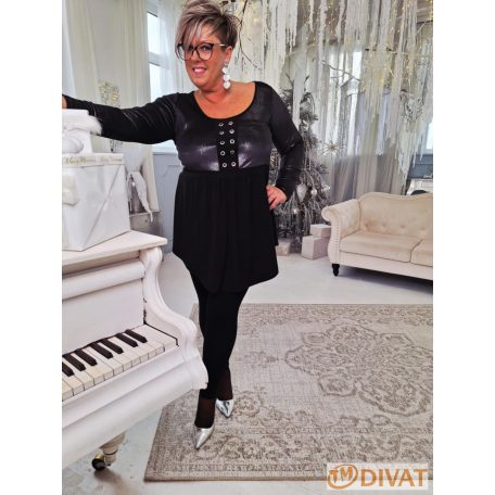 Fashion by NONO - Bogi mellnél ringlivel díszített "A" vonalú fekete tunika 