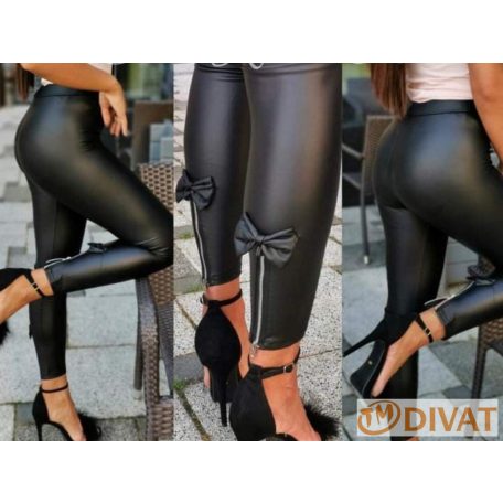Bőrhatású, szuper jól összetartó fekete leggings masnival és cipzárral díszítve 
