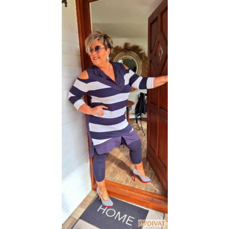 Fashion by NONO - London sötétkék-fehér csíkos vállnál vágott tunika