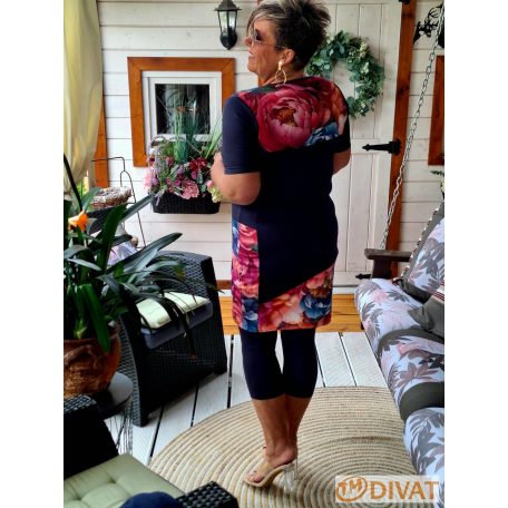 Fashion by NONO - Office sötétkék-virágmintával díszített tunika-ruha