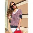 Fashion by NONO - Lola piros-fehér-sötétkék csíkos, mellnél és nyaknál fehér csipkével díszített felső