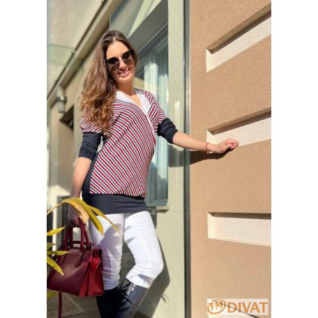 Fashion by NONO - Lola piros-fehér-sötétkék csíkos, mellnél és nyaknál fehér csipkével díszített felső