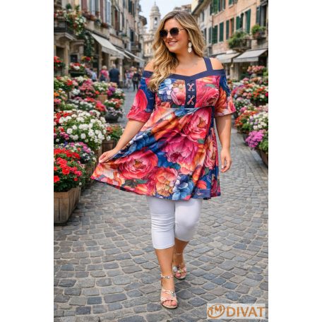 Fashion by NONO - Karina tunika sötétkék-virágmintás