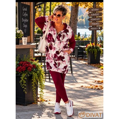 Fashion by NONO - Szendy sportos kapucis felső, burgundy-fehér mintás