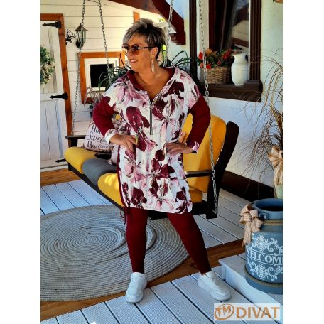 Fashion by NONO - Szendy sportos kapucis felső, burgundy-fehér mintás