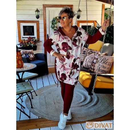 Fashion by NONO - Szendy sportos kapucis felső, burgundy-fehér mintás