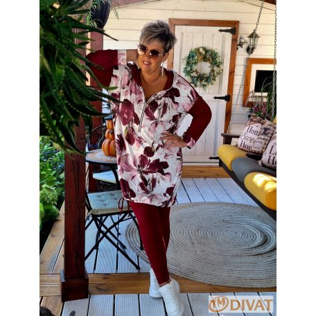 Fashion by NONO - Szendy sportos kapucis felső, burgundy-fehér mintás