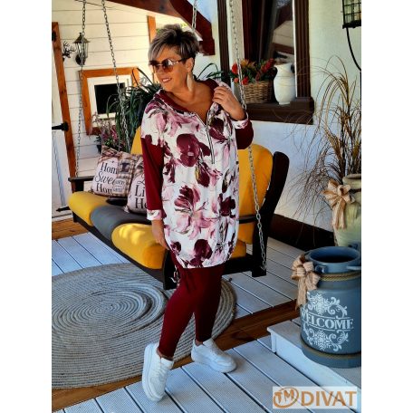 Fashion by NONO - Szendy sportos kapucis felső, burgundy-fehér mintás