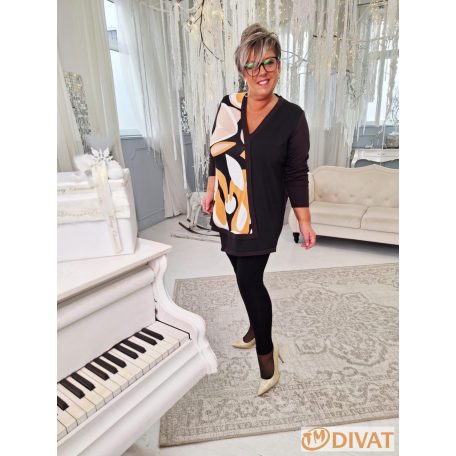 Fashion by NONO - Kuba csokibarna-fekete-mintás aszimmetrikus felső