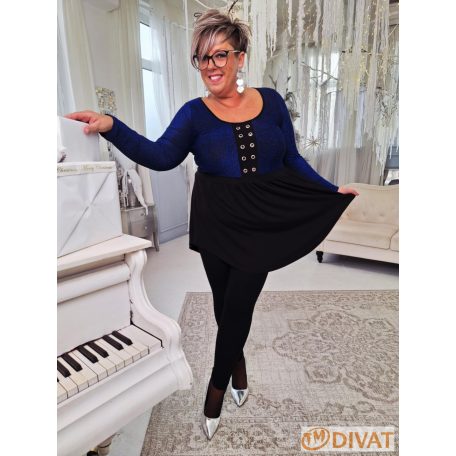 Fashion by NONO - Bogi mellnél ringlivel díszített "A" vonalú fekete-királykék lurex tunika 