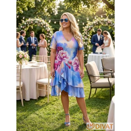 Fashion by NONO - Karolina fodrokkal díszített kék alapon egyedi virágmintás ruha