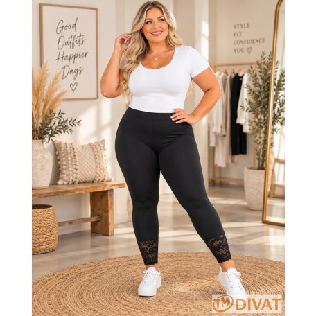 Fashion by NONO - Fekete pamut hosszú leggings csipkével díszítve