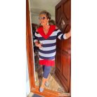 Fashion by NONO - London sötétkék-fehér csíkos piros galléros vállnál vágott tunika