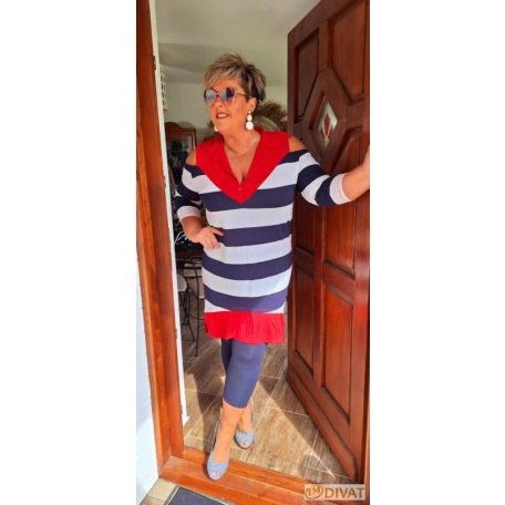 Fashion by NONO - London sötétkék-fehér csíkos piros galléros vállnál vágott tunika