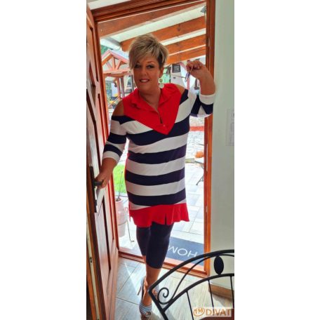 Fashion by NONO - London sötétkék-fehér csíkos piros galléros vállnál vágott tunika