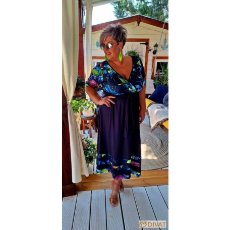 Fashion by NONO  - Tereza sötétkék-gyümölcs mintás maxiruha 