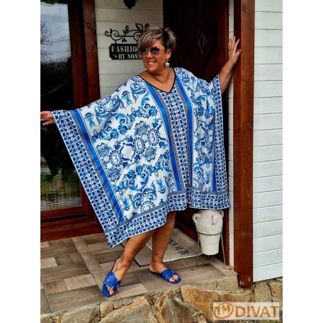 Fashion by NONO - Holiday tunika-ruha fehér alapon királykék mintás