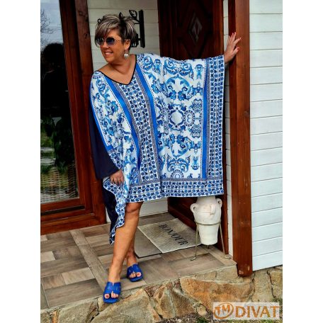 Fashion by NONO - Holiday tunika-ruha fehér alapon királykék mintás