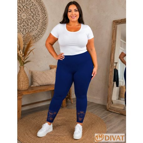 Fashion by NONO - Sötétkék pamut hosszú leggings csipkével díszítve