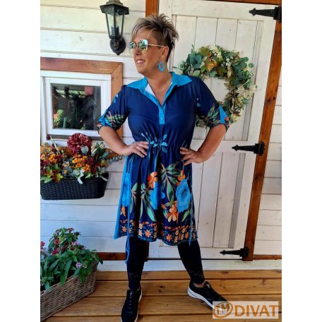 Fashion by NONO - Sötétkék pamut hosszú leggings csipkével díszítve