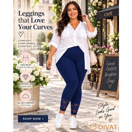 Fashion by NONO - Sötétkék pamut hosszú leggings csipkével díszítve