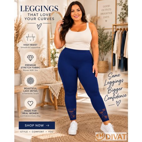Fashion by NONO - Sötétkék pamut hosszú leggings csipkével díszítve