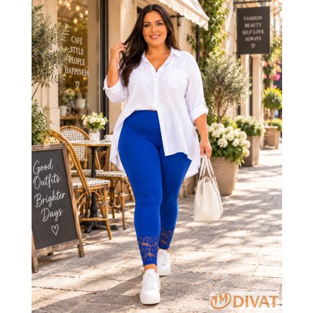 Fashion by NONO - Királykék pamut hosszú leggings csipkével díszítve