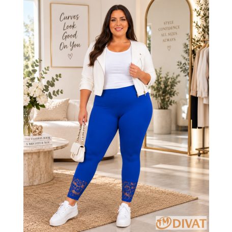 Fashion by NONO - Királykék pamut hosszú leggings csipkével díszítve