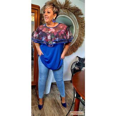 Fashion by NONO - Dolly egyedi mintás tüll fodorral díszített királykék tunika