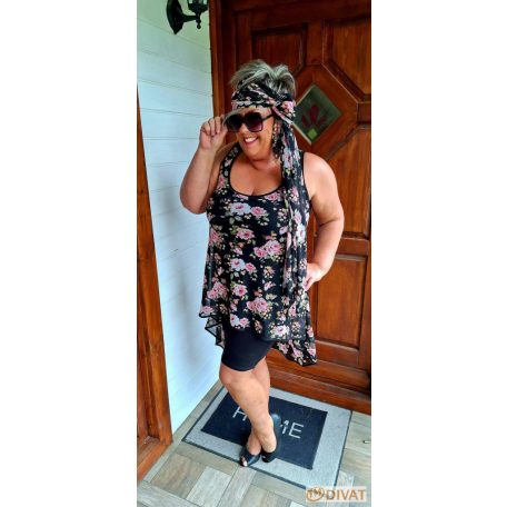 Fashion by NONO - Athina fekete alapon virágmintás dupla ruha stólával