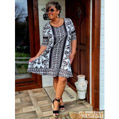   Fashion by NONO - Olívia "A" vonalú tunika-ruha fehér alapon gyönyörű egyedi fekete mintás