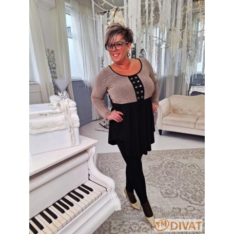 Fashion by NONO - Bogi mellnél ringlivel díszített "A" vonalú fekete-arany lurex tunika 