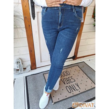 Alul szaggatott plus size farmernadrág sötétkék színben